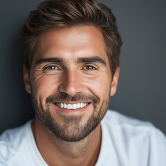 Fototapeta premium Handsome man with dark hair and beard smiling, close-up portrait, happy face