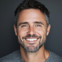 Obraz premium Handsome man with dark hair and beard smiling, close-up portrait, happy face