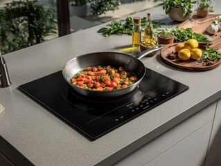 Elegant Stainless Steel Frying Pan with Sauteed Cherry Tomatoes on Modern Induction Cooktop in Stylish Kitchen Setting - Culinary Delight and Healthy Cooking Concept