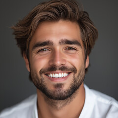 Obraz premium Handsome man with dark hair and beard smiling, close-up portrait, happy face