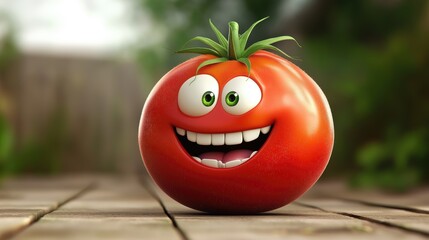 Funny tomato character on a wooden surface. Cartoon tomato with a smile.