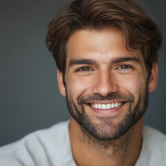 Fototapeta premium Handsome man with dark hair and beard smiling, close-up portrait, happy face