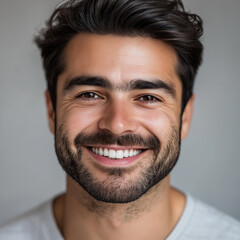 Obraz premium Handsome man with dark hair and beard smiling, close-up portrait, happy face