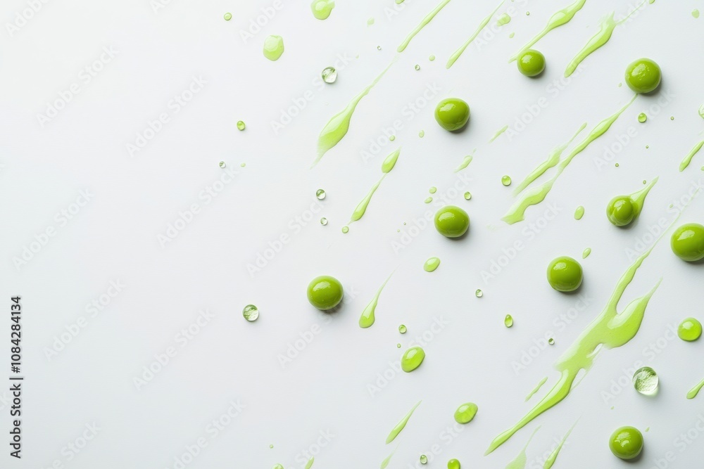 Poster green peas and drops of bright juice are artistically arranged on a white surface, creating a fresh 