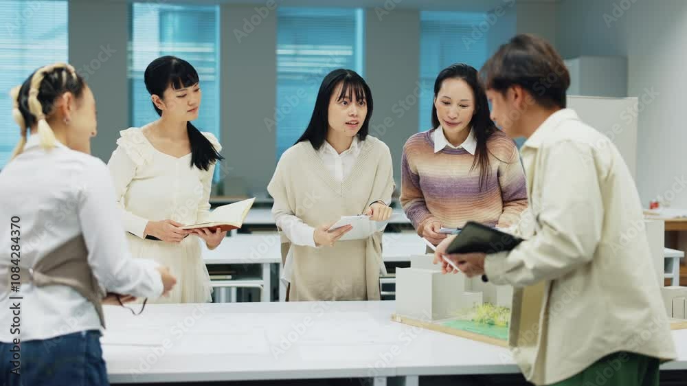 Poster Architecture, education and students with model and learning in notes and talk with architect research process. Class, presentation and Japanese people with building design training at university