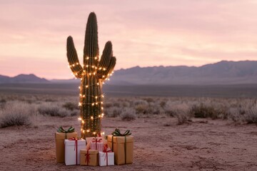Festive Desert Christmas Scene with Saguaro Cactus and Presents at Sunset