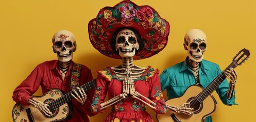 Fototapeta premium Festive Day of the Dead Trio Skeleton Musicians in Vibrant Red and Teal Attire on Yellow Background with Acoustic Guitars - Celebration of Life and Music