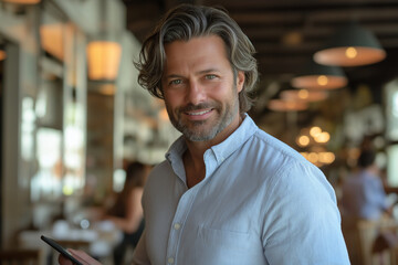Fototapeta premium Shot of an elegant man with gray hair and a goatee, wearing a business suit and holding a tablet, smiling at the camera in a modern coffee shop