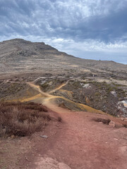 Rugged Mountain Landscape With Cloudy Sky and Dirt Pathway