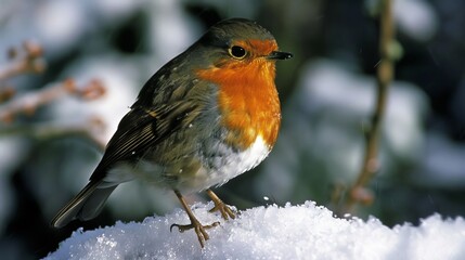 Close up of a european robin on snowy branch with blurred winter background and gentle mist