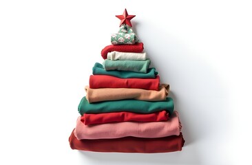 A Christmas card. A stack of clothes stacked on top of each other in the form of a Christmas tree, with a star on top. The background is white