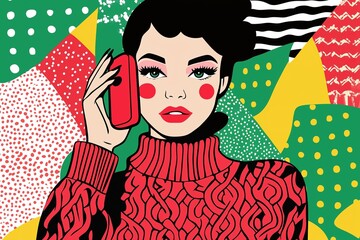 National Ding-a-Ling Day woman wearing a red and green cable knit sweater holding a red retro phone to he ear, festive background pop art style