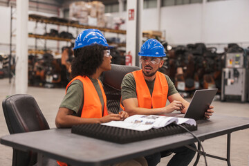 Engineers collaborating on laptop and manual in factory setting