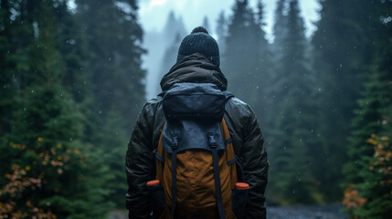 Obraz premium Adventurer in rainy forest: outdoor exploration in misty wilderness