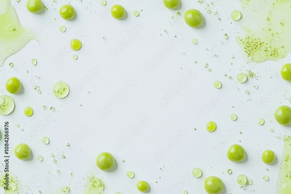Aufkleber Fresh green peas and bright juice droplets are scattered against a white backdrop, offering a vibrant and colorful culinary display. Generative AI