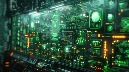 Obraz premium Futuristic Interface with Green and Orange Digital Displays