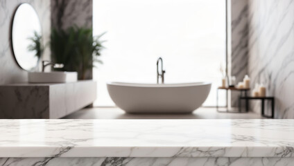 Fototapeta premium empty marble table for product display with blurred background of a modern minimal interior of a bathroom with bath tube