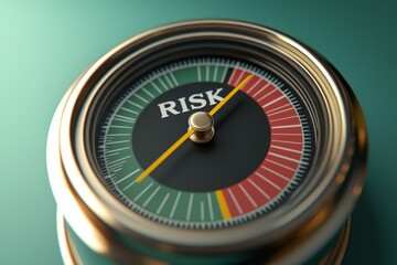 Precision Risk Management Meter - Close-up Gauge with 'RISK' Needle on Teal Background - Financial Control Concept