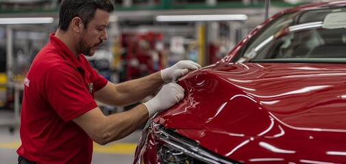 Precise Automotive Wrapping Focused Man Applying Red Protective Film to Car Hood in Factory Setting