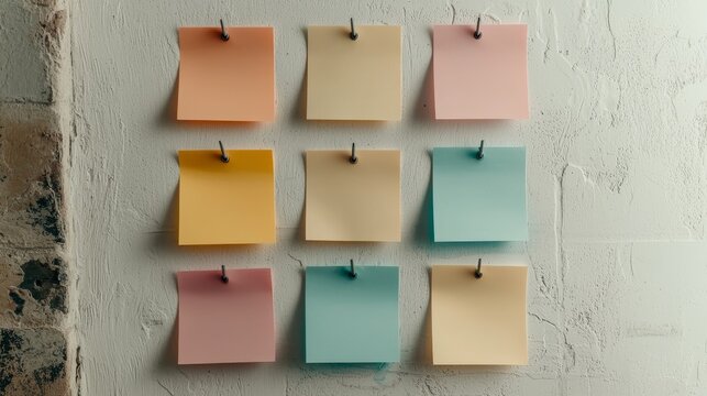 Pastel Serenity Closeup of Symmetrical Grid with Blank Sticky Notes on Textured Wall - Minimalist Organization and Planning Concept