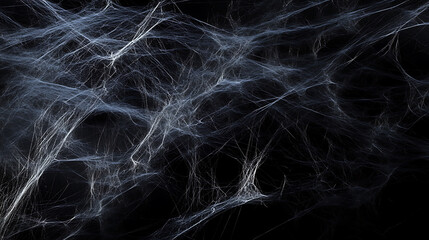 A black backdrop set against an eerie tapestry of sprawling, ghostly spider webs
