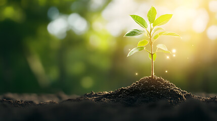 A young plant sprouts from rich soil, illuminated by sunlight, symbolizing growth, renewal, and the beauty of nature.