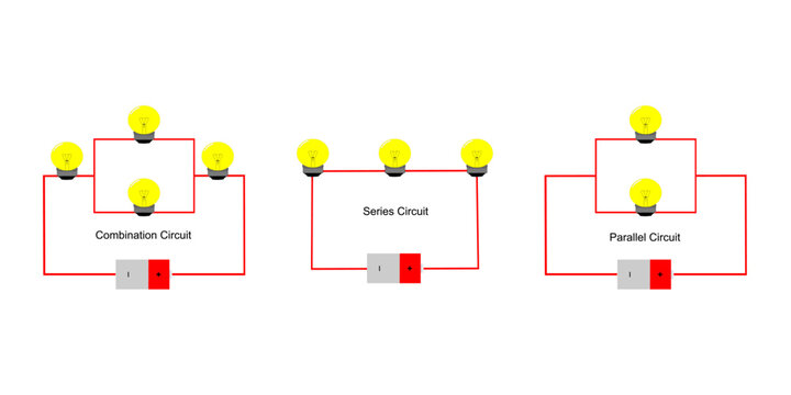 vector set of electrical circuits. series electrical circuits, parallel electrical circuits, combined electrical circuits. voltage, current, resistance. learning experiment, Kirchoff's law.