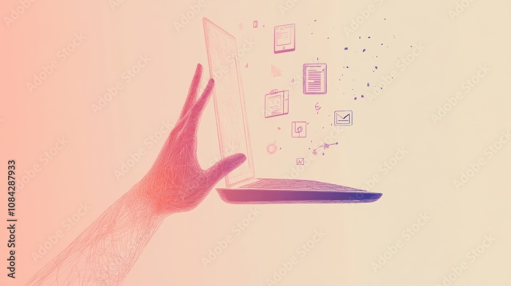 Aufkleber A hand is extending towards a laptop screen, which shows multiple settings and security icons, suggesting digital interaction. Generative AI