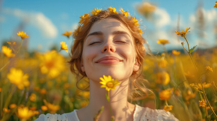 Fototapeta premium Joyful woman enjoying sunlight in vibrant flower meadow