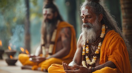 Indian sadhu gurus meditating in lotus position in temple