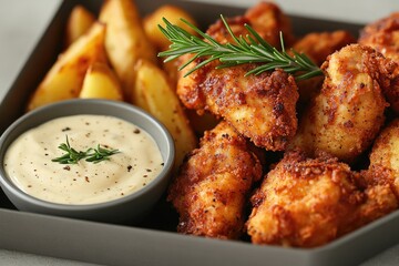 Fototapeta premium Crispy fried chicken tenders with potato wedges and creamy sauce