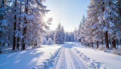Fototapeta premium Road through winter snowy spruce forest, tranquil mood, inviting exploration, against a serene white landscape