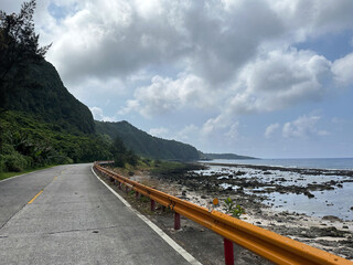 Scenic Coastal Road Along Lush Green Mountains and Rocky Shore