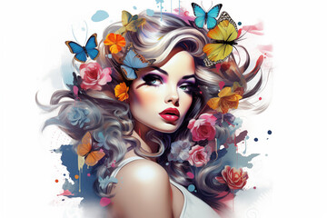 Naklejka premium Colors pin up tattoo on white background. Glamour tattoo. Tattoo. Tattoo ideas. For tattoo artists. Tattoo parlor. Colors ink. Isolated tattoo. 