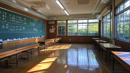 Fototapeta premium Empty Classroom with Wooden Desks and a Blackboard
