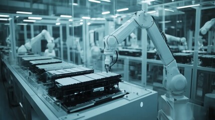 Automated assembly line operation manufacturing facility industrial process high-tech environment close-up viewpoint robotics innovation