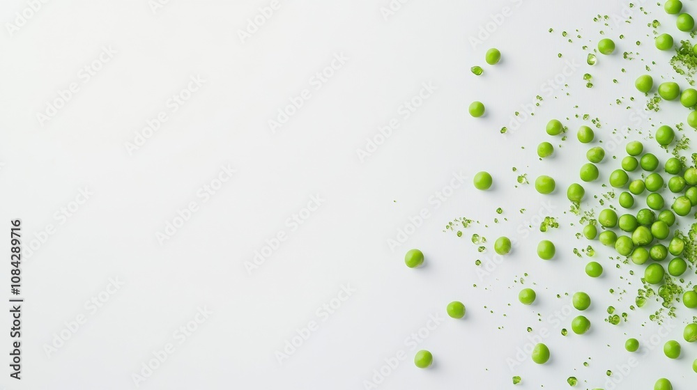 Aufkleber bright green peas are scattered across a white surface, accompanied by drops of green juice that add