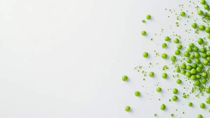 Bright green peas are scattered across a white surface, accompanied by drops of green juice that add a fresh touch to the arrangement. Generative AI