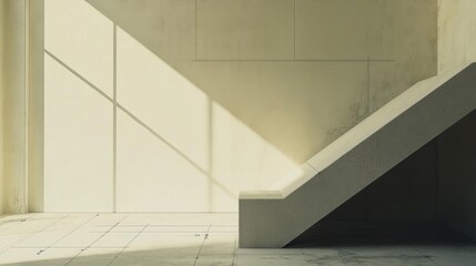 Fototapeta premium Architectural detail of minimalist staircase indoor space photo modern design eye-level view light and shadow play