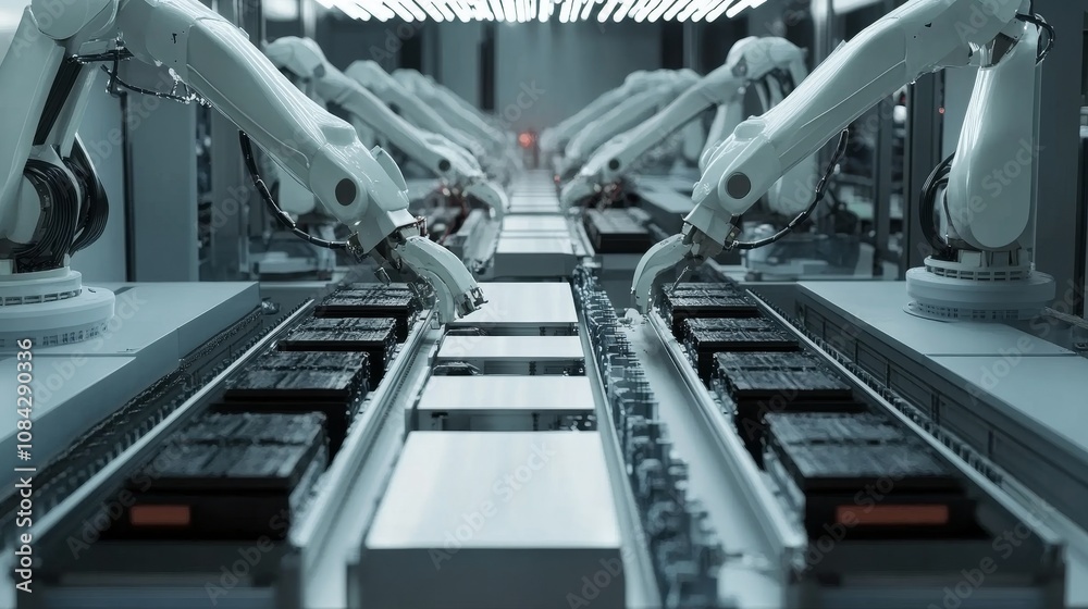 Poster automated assembly process robotics factory industrial operation high-tech environment close-up view