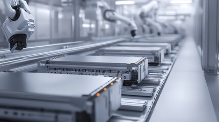 Fototapeta premium Automated manufacturing process factory floor industrial robotics high-tech environment close-up view innovation in automation