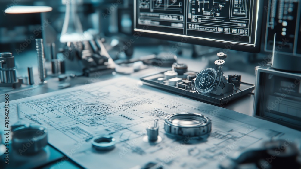 Poster Engineering innovation showcase laboratory desk technical blueprint high-tech environment close-up view future concepts
