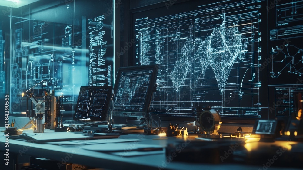 Poster data analysis in a high-tech lab futuristic office digital interfaces tech environment close-up view