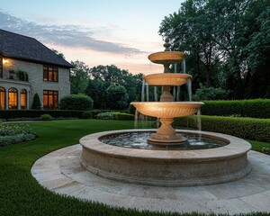 Obraz premium Tranquil Dusk Elegant Stone Fountain in Manicured Garden by Luxurious Estate