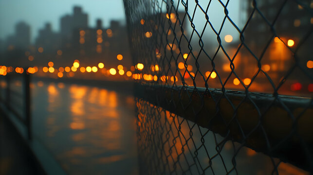 Chain Link Fence Night City Lights Photo