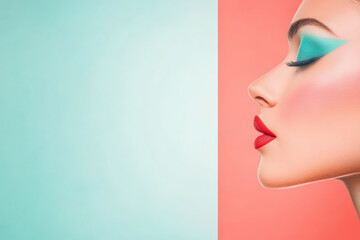 Naklejka premium A vibrant profile portrait of a woman with bold makeup against a colorful backdrop