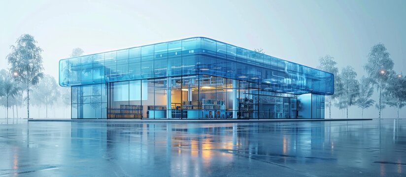 Modern Glass Building in Foggy Day
