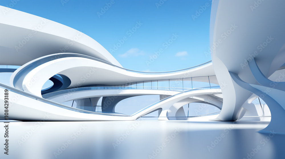 Poster Abstract architecture scene with smooth curves. Abstract background with futuristic building in white and blue colors
