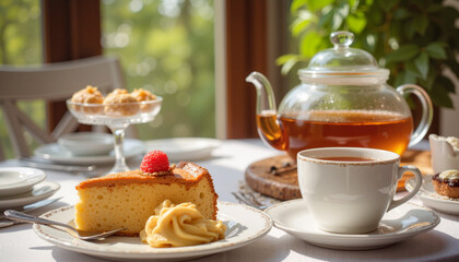 Fototapeta premium Glass teapot with tea and a cozy mood alongside a cup of tea and a piece of cake on a table against a warm indoor backdrop