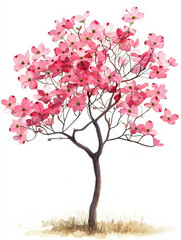 Watercolor illustration of flowering dogwood tree with vibrant pink blossoms, showcasing its delicate beauty and intricate details